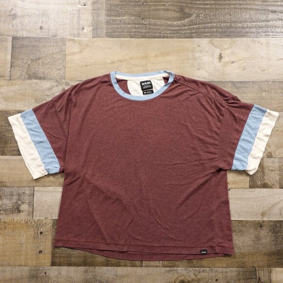 prAna Women’s Colorblock Relaxed Tee Size Medium Burgundy Blue Cream Sustainable - Picture 1 of 7